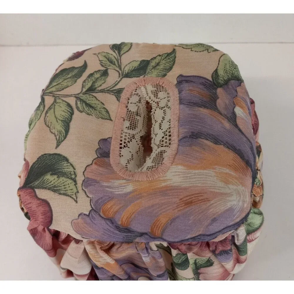 Tissue Box Cover 2 Piece Cloth Floral Cover Over Clear Plastic 5.5